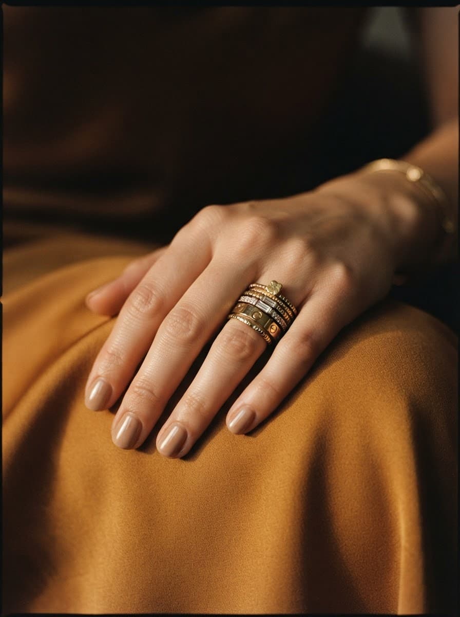Stacked gold rings resting on amber silk
