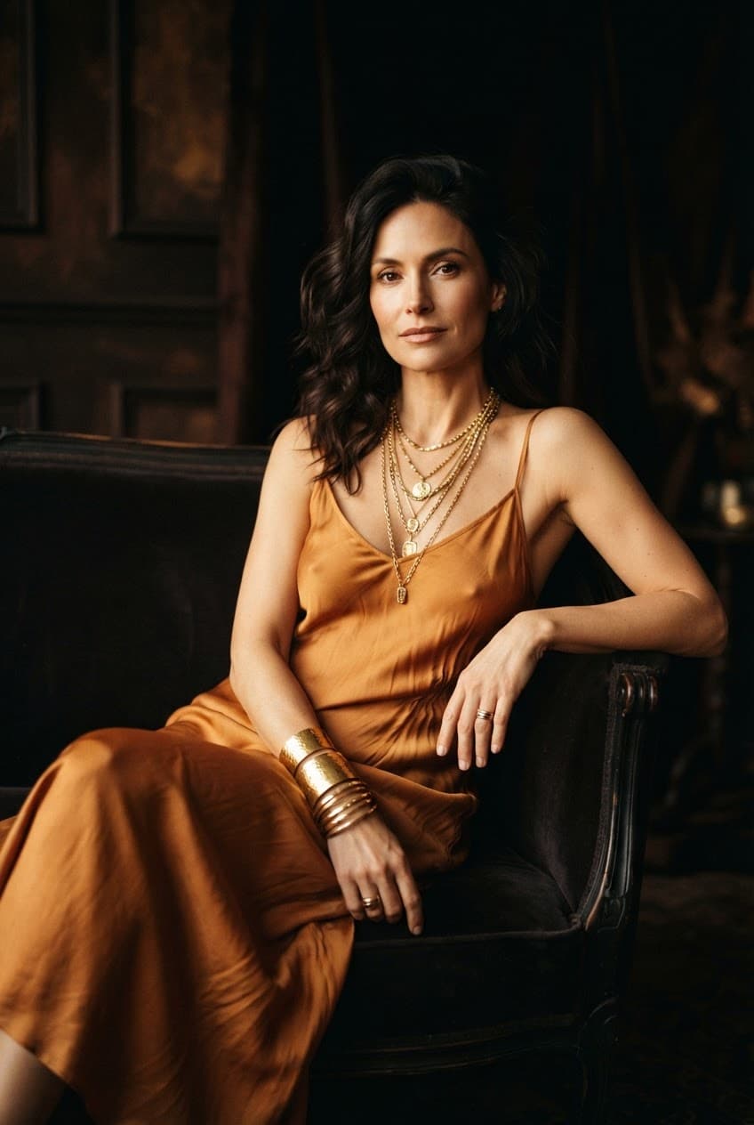 Woman in amber silk wearing layered gold necklaces and cuffs