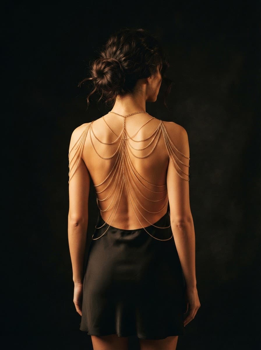 Draped gold chain body jewelry photographed from behind