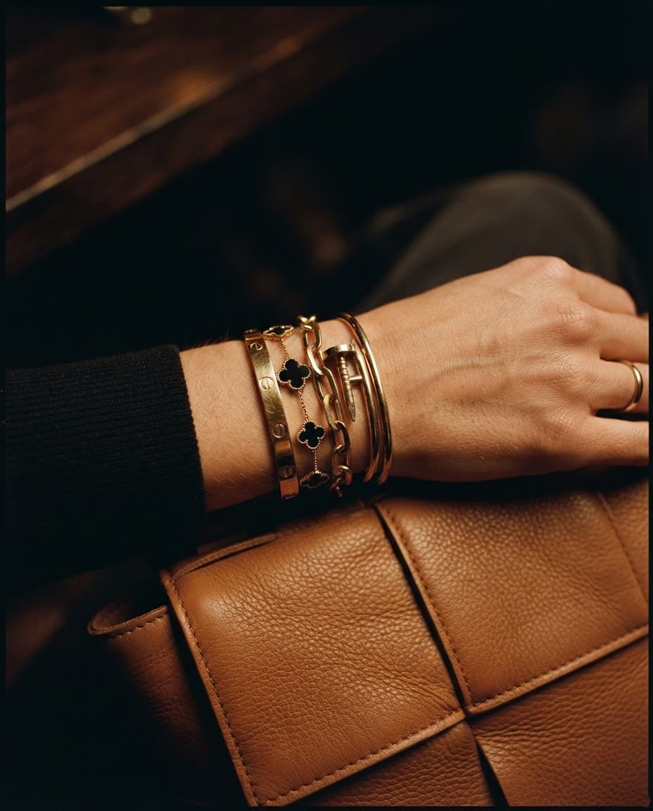Gold bracelet stack against a caramel leather handbag