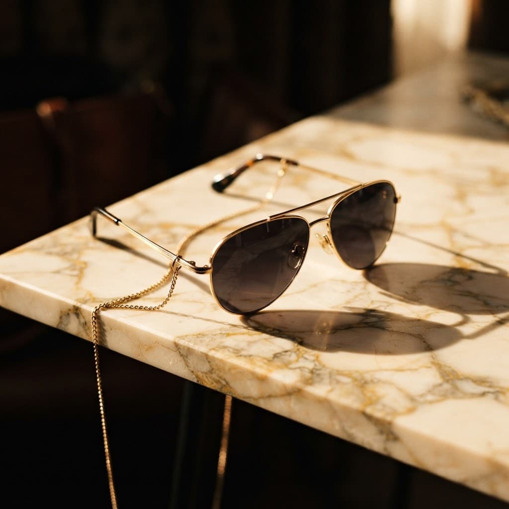 Gold rimmed sunglasses on warm marble