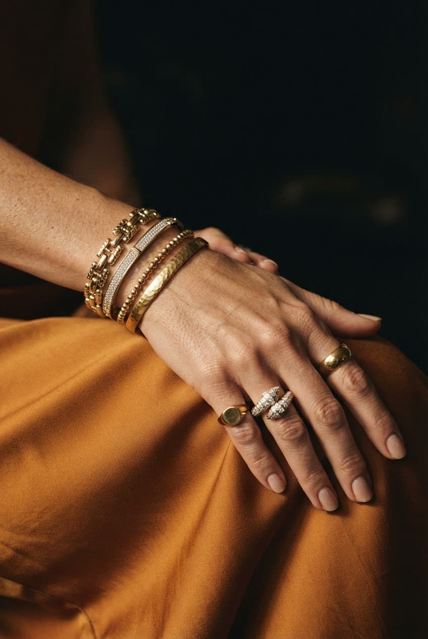 Stacked gold bracelets and rings resting on warm amber silk